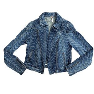Free People Denim Moto Zip Chevron Jacket Textured Blue Size 4
